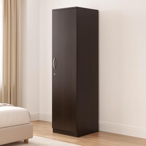 Image of AAVATAR Single Door Wooden Cupboard for Home | Wenge Finish Engineered Wood Almirah with Lock & Handle | Storage Shelves & Drawer | Size 72x16x16 Inch