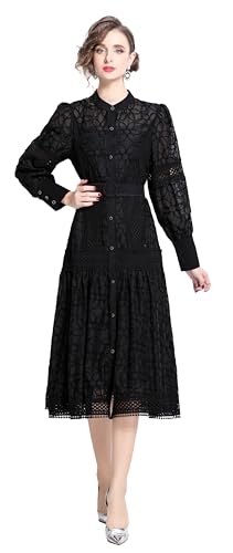 Image of LAI MENG FIVE CATS Women's Round Neck Lantern Sleeves Embroidery Button Layered Lace Hem Midi Dress with Belt