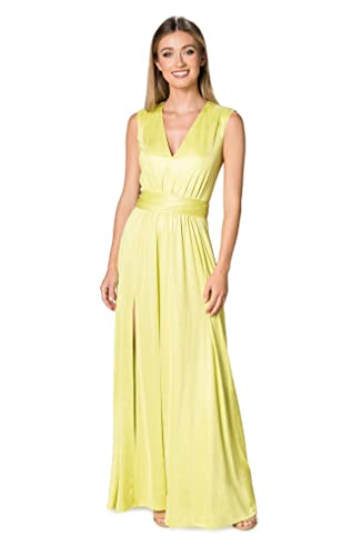 Image of DRESS THE POPULATION Women's Krista V Neck Tie Waist Coated Jersey Slit Front Maxi Dress