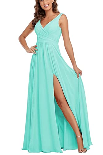 WSEYU Robe de demoiselle d'honneur en mousseline de soie fendue sans manches Robe de bal de fin d'année, robe de soirée formelle, Bleu turquoise, 42