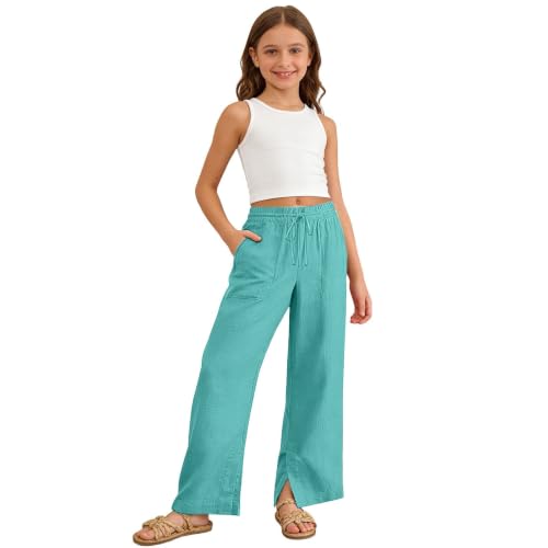 Image of Girls Linen Pants Wide Leg School Uniform Pants Cozy Elastic Waist Summer Casual Beach Lounge Trousers with Pockets
