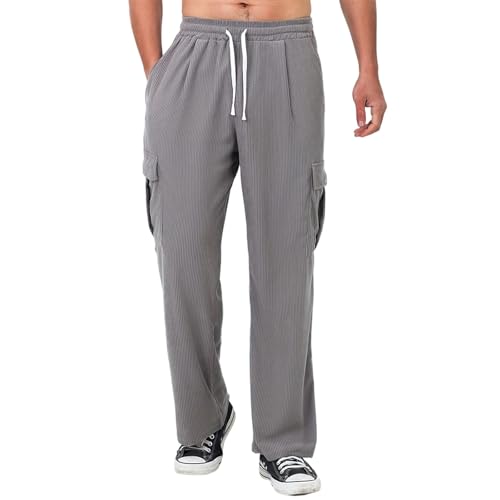 Straight Leg Corduroy Pants Men Casual Comfy Elastic Waist Mens Cargo Pants with Pockets Drawstring Heavyweight Sport Joggers Stretch Loose Fit Trouser Light Gray XL