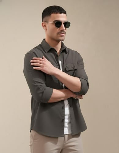 Image of SMOWKLY Men's Casual Shirt | Full Sleeve Button Down Shirt with Dual Chest Pockets | Stylish Regular Fit 100% Cotton Office, Party Shacket | Fashionable Western Outfit