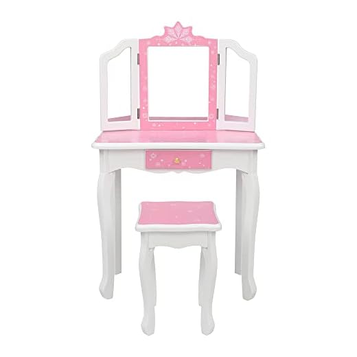 Kcelarec Kids Girl Vanity Table and Chair Set, Kids Vanity Set with Mirror, Makeup Dressing Table with Two 180° Folding Mirror