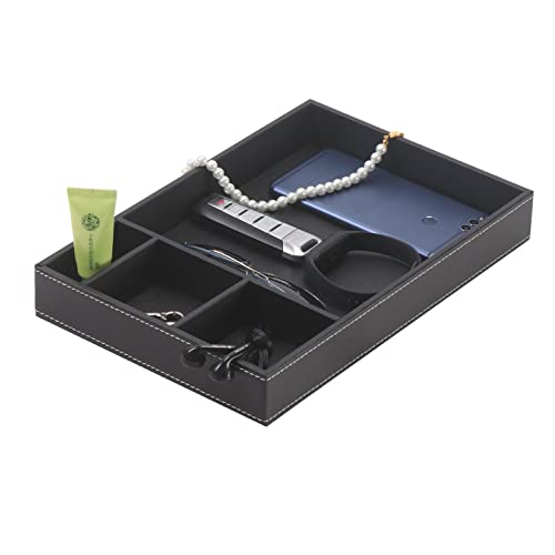 SYRWDXTX Desktop Storage Organizer, Nightstand or Dresser Organizer, Valet Tray, Entry Table Organizer, 4 Compartments,PU Leather Drawer Storage Organizer Decorative Trays（Solid Black）
