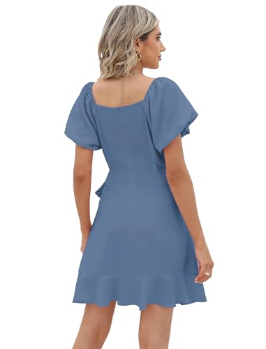 Image of Sampeel Womens Summer Dresses Square Neck Puff Sleeve Tie Waist Short Dress