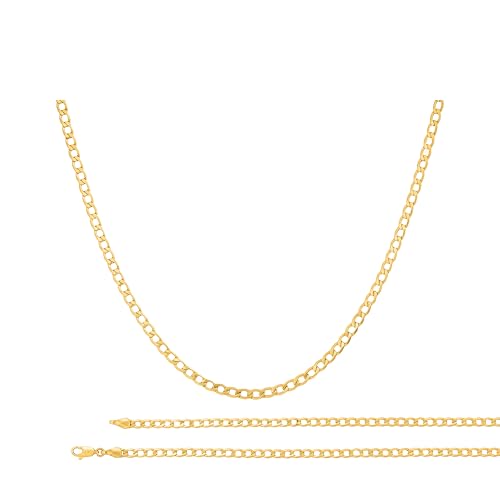 EVE Jewellery Collar de cadena de oro para mujeres y hombres de 3 mm, chapado en oro real de 14 quilates de 45 cm/50 cm, collar de cadena italiana plana, collar de cadena de eslabones cubanos de oro,