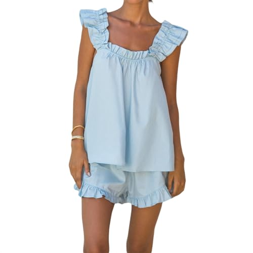 Image of ROAONOCOMO Women Floral Pajama Set Ruffle Babydoll Cami Top Coquette Pj Set Gingham 2 Piece Shorts Outfit Bridal Loungewear