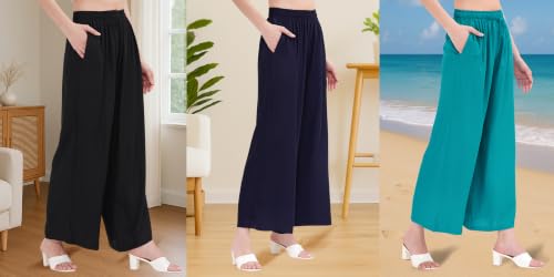 Image of Buy That Trendz Palazzo Pants for Women Rayon Elasticated Regular Fit Flared Wide Leg M to 6XL Pack of 3