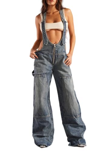 Geulis Women's Denim Overalls Wide Leg Baggy Jean Jumpsuit Y2k Outfits