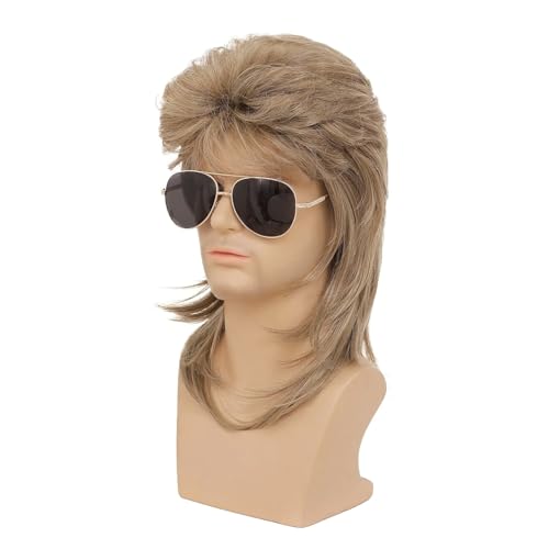 Image of Swiking Mens Mullet Wig Light Brown Retro 70s 80s Disco Rocker Curly Punk Fancy Party Halloween Cosplay Costume Wigs (Light Brown)