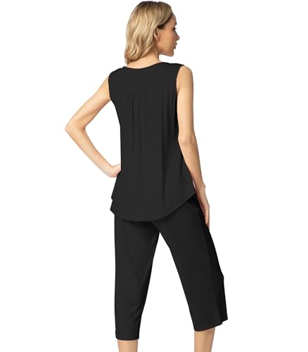 Image of NACHILA Pajamas for Women-Viscose Made from Bamboo, Sleeveless Pjs Top and Capri Pants Pajama Set Cool Pleated Sleepwear