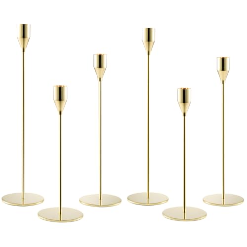 JF HOME BLISS Set of 6 Gold Candlestick Holders for Taper Candles – Elegant Metal Candle Stands for Weddings, Parties & Home Decor (Fits 3/4 Candles) – Tall & Short Candle Holders