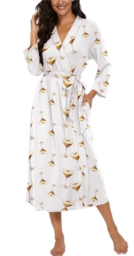 Image of VINTATRE Robes for Women Long Knit Bathrobe XS-4XL | 3 /4 Sleeve Bathrobes with Pockets, Stretchy and Lightweight Fabric, Inner Tie and Fixed Outer Matching Belt, Mid Calf Length