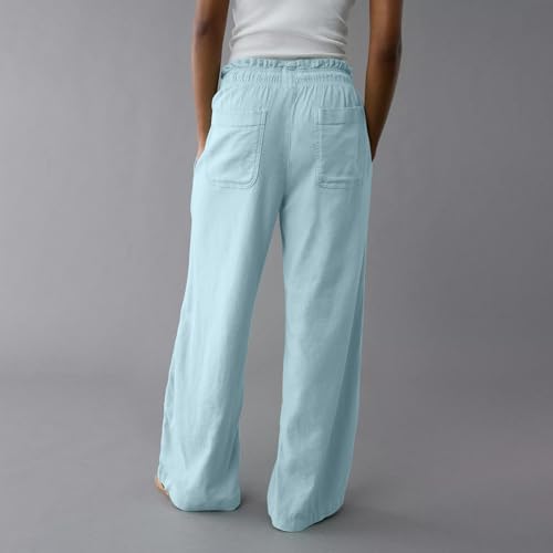Summer Linen Pants for Women 2025 Work Loose Tie High Elastic Waist Trousers with Pocket Pleated Casual Soft Beach Pants4