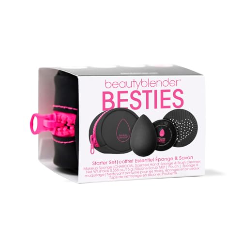 Beautyblender® | Besties Charcoal Blend & Cleanse 4-Piece Starter Set, Pro Black Makeup Sponge + Solid Charcoal Cleanser .558 oz + Silicone Scrub Mat + Travel Case, Made in USA, Vegan, Cruelty Free