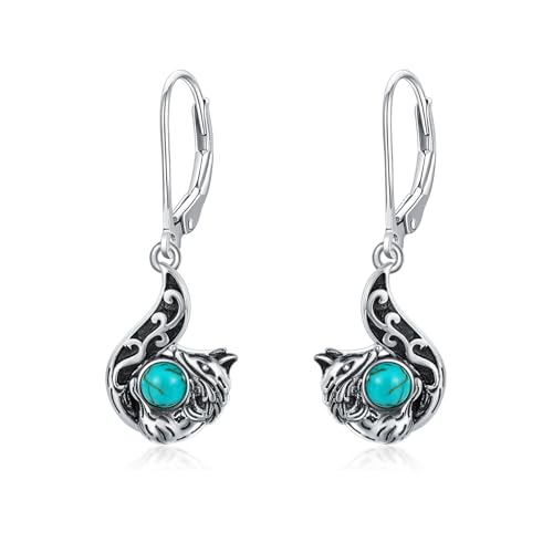 Boucles d'oreilles argent 925 et renard turquoise pendantes haut de gamme
