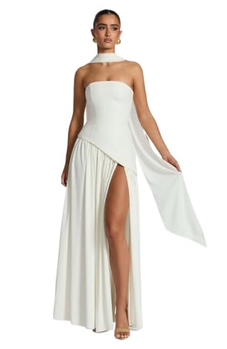 Genérico Vestido Sin Tirantes Mujer con Pañuelo, Vestido Largo Formal Gasa Plisado Corte A Hendidura Alta Cintura Caída Dama de Honor y Gala(White,XL)