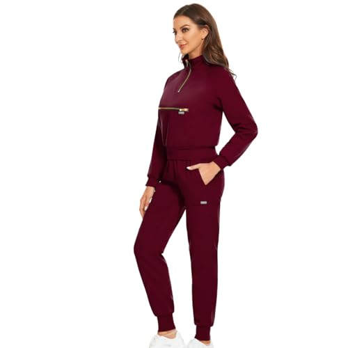 VIAOLIscrubs for Women Set Modern V-Neck Overalls Lapel with Zipper Long Sleeve & Jogger Pants Nurse Medical Uniform (Burgundy,S,Small)