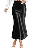 Satin Skirts for Women Trendy, High Waisted Womens Skirts Midi Long Length, Elegant Zipper Flared Elastic A-line Silk Skirts (Black, S)