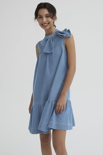 Image of EZAPINE Denim Dress for Women Summer Sleeveless Mock Neck Ruffle Hem Babydoll Jean Dress with Bow