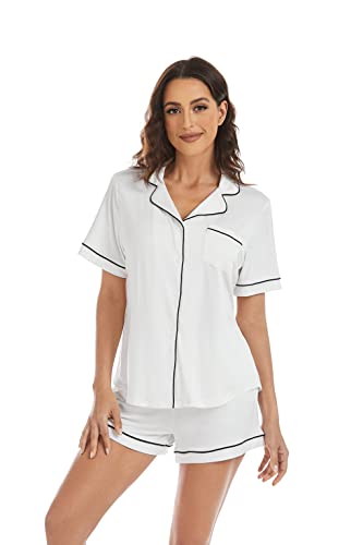 Image of LUBOT Women's Pajamas Set Two-piece PJs Set for Women 2PC Short Sleeve Button-Down Summer Sleepwear Loungewear (White, S)