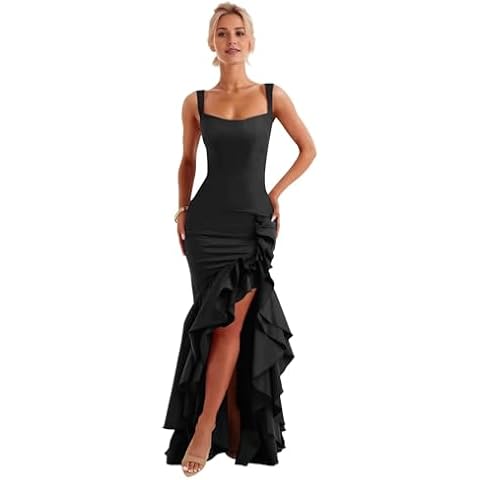 Zymhae Satin Ruffle Long Prom Dresses with Slit 2024 Black Spaghetti Strap V Neck Mermaid Floor Length Maxi Evening Formal Party Dress for Women 2025 US2 Cover
