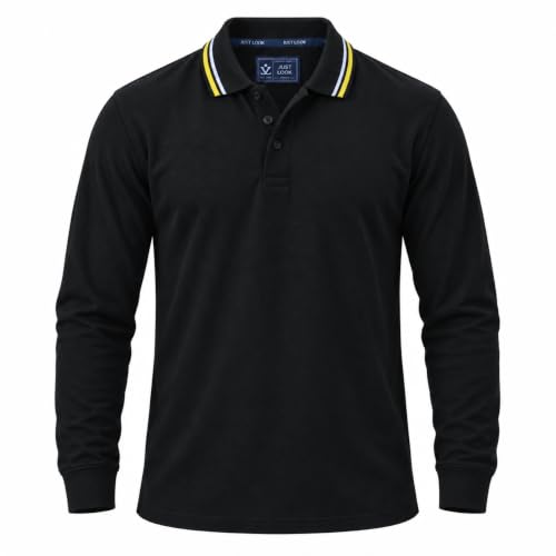 Image of JUST LOOK Men's Long Sleeve Polo Shirt Premium Quality Work Casual Leisure Pique T-Shirt Top (UK, Alpha, XL, Regular, Regular, Tipping Collar-Black)