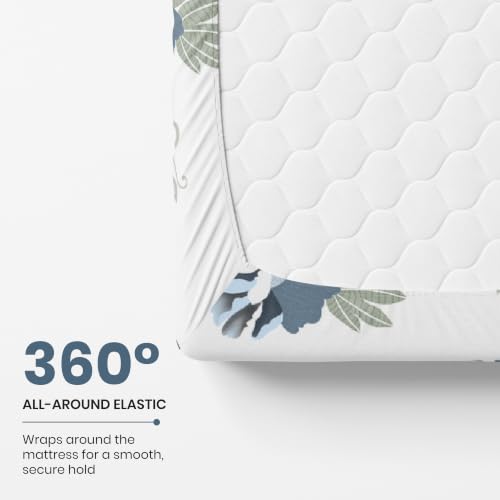 Image of LORETO - A QUALITY LINEN BRAND 210 TC 100% Pure Cotton Single Fitted Bedsheet with 1 Pillow Cover for 78 x 36 Inch Mattress, All-Around Elastic, 8 Inch Deep Pocket, Navy Floral