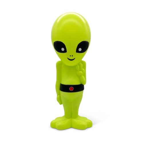 Image of 24-Inch Lighted Alien Novelty Blow Mold Light - Cute Retro Green Martian with Peace Sign - Indoor /Outdoor Display, Sci-Fi Decor, Unique Yard Art with Plug-in Lights