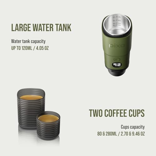 Image of WACACO Pixapresso Espresso Machine Electric & Portable (Olive Green) | 4 Coffee Types, Fast Heat-up, 3 x 3000mAh Battery, Patented 8-16g Basket, Grounds & Capsules, Touchscreen, For Travel Camping