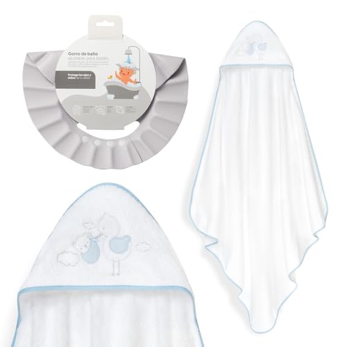 Interbaby - Capa de Baño Bebé + Gorro Ajustable | Toalla con Capucha 100% Algodón, Unisex | Suave, Secado Rápido | Ideal para Recién Nacidos, Bebes y Niños Pequeños | Diseño Cigüeña Oso