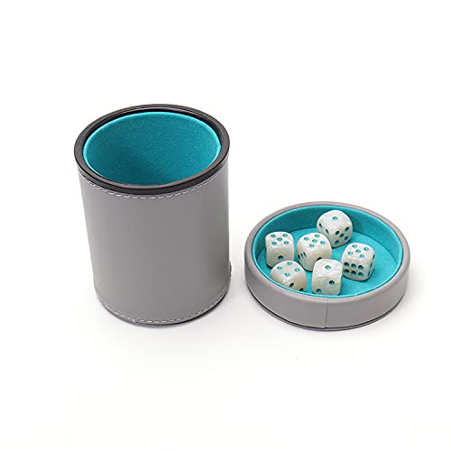 Luck Lab Grey Leather Dice Cup With Lid Including 6 Matching Pearl Dice - Teal Velvet Interior For Quiet Shaking - Use For Liars Dice Farkle Yahtzee Board Games, Grey #TOP1