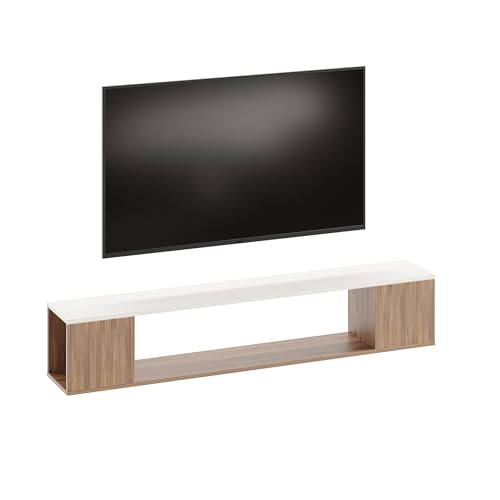Image of FURNEASER Ether Modern Wall Mounted TV Unit with Floating Shelf | Wooden TV Entertainment Unit for Living Room | Engineered Wood Media Console for 43,50, 55 to 65 Inch TV (Exotic Teak & White)