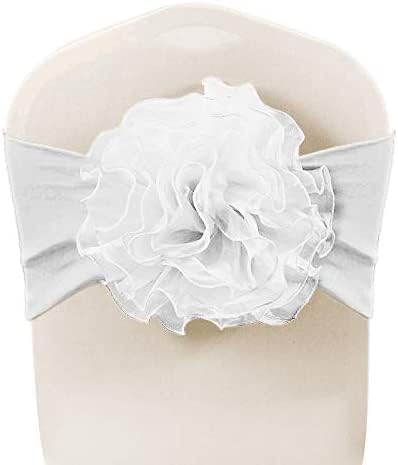 SFN 2 PCS White Flower Chair Sashes Chair Spandex Bands Bows tie for Wedding Banquet Birthday Party Events Hotel Decoration