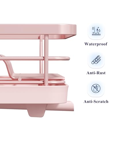 Kitsure Dish Drying Rack for Kitchen Counter, Stainless Steel Sink Organization and Storage Essentials with Cutlery Holder, Home and Appartment Decor, 12''W x 15.5''L, Pink