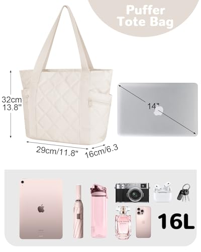 16L Small Tote Bag for Women, 14" Laptop Work Bag, Puffer Handbags Carry On Bags for Beach Commute2
