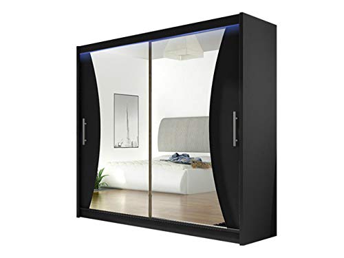 Preisvergleich Produktbild Schiebetürenschrank London V mit Spiegel, Kleiderschrank, Schwebetürenschrank, Modernes Schlafzimmerschrank 180x215x57cm, Garderobe, Schlafzimmer (Schwarz, mit RGB LED Beleuchtung)