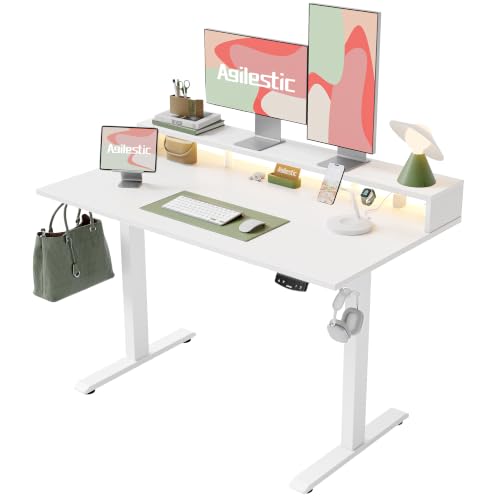 Image of Agilestic 55 x 24 Inch Electric Standing Desk with Shelf, Height Adjustable Desk with Power Outlets & LED, Sit Stand Up Table with Monitor Stand, Computer Workstation, White