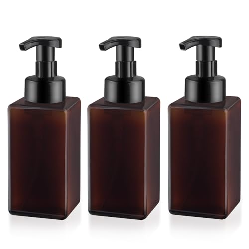 3 Pack Foaming Soap Dispenser Empty Plastic Foam Pump Bottle Refillable Foam Soap Bottle Dispenser for Shampoo Liquid Soap Face Wash (Brown, 450ml/15oz)