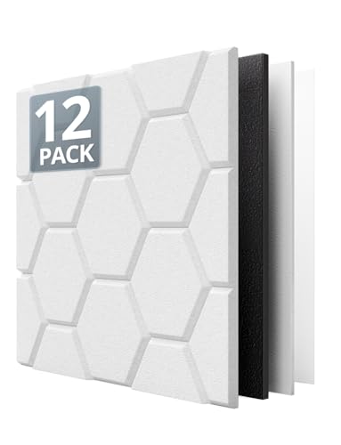 Image of Kuchoow Mass Loaded Vinyl Soundproof Foam Wall Panels for Noise Reducing and Absorbing, Hexagon White 12 Pack 12 inch x 12 inch x 0.4 inch Acoustic Panel for Studio Room, Decorative Tiles for Ceiling, Door