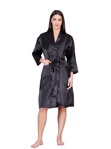 Image of Premium Satin Fullsleeve Bathrobe Solid Print Lightweight & Comfortable Loungewear Robe