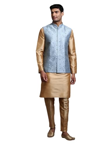 Image of VM Men's Grey And Cream Silk Blend Jacket, Kurta and Pyjama Set