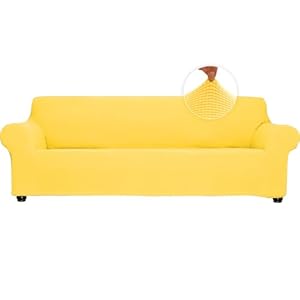 Qubjus Stretch Sofa Slipcover Loveseat Slipcovers for 2 Cushion Couch Soft Couch Cover Furniture Protector Jacquard Fabric Small Checks with Elastic Bottom for Kids Pets (Bright Yellow, Medium)