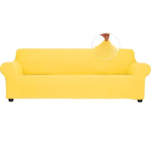 Qubjus Stretch Sofa Slipcover Loveseat Slipcovers for 2 Cushion Couch Soft Couch Cover Furniture Protector Jacquard Fabric Small Checks with Elastic Bottom for Kids Pets (Bright Yellow, Medium)