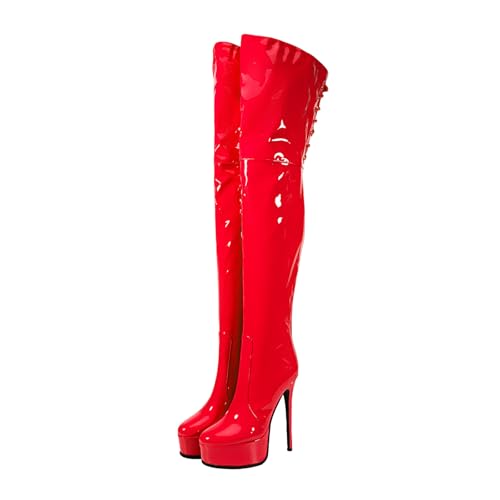 Image of Shiny leather Thigh high boots for Women Stiletto heel Platform Over the knee Round toe back zipper Sexy Front Strappy high heel Cosplay Custume unisex boots