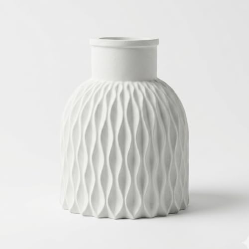Image of Wave Textured Concrete Vase for Living Room & Table Decor | Sculpted Wave Texture Compact Size 8 x 9 cm, 650g Holds Dried Flowers & Pampas Grass Matte White Finish