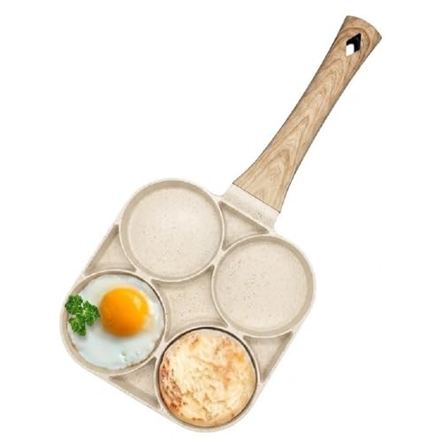 Image of Niyam 4 Hole Non Stick Egg Frying Pan with Wooden Texture Handle, Granite Coated Multi Section Omelet Pancake Pan, Induction and Gas Compatible Breakfast Skillet Cooking Pans (White B, 17cm)