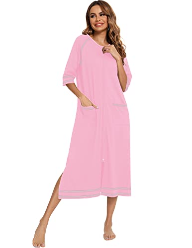 Image of Veseacky Women Robe Zipper Front House Coat 3 /4 Sleeve Nightgown Full Length Ladies Lounge Dress with Pockets S-XXL