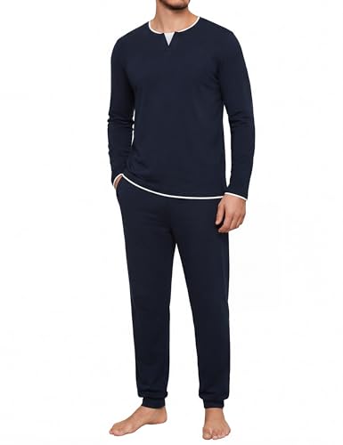 Jahetuul Ensemble Pyjama Homme Coton Hiver Chaud Haut Long à Manches Effet Superposé + Bas Uni Pyjama 2 Pièces Vêtements de Nuit Chauds Détente Maison